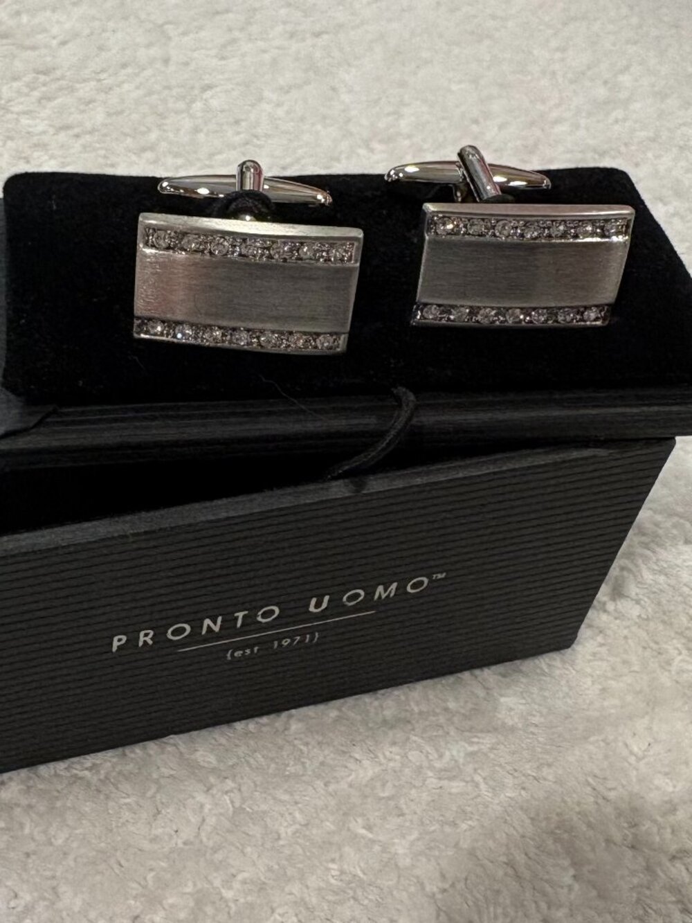 Pronto Uomo Silver Tone Rectangle Cufflinks with Clear Accent Stones